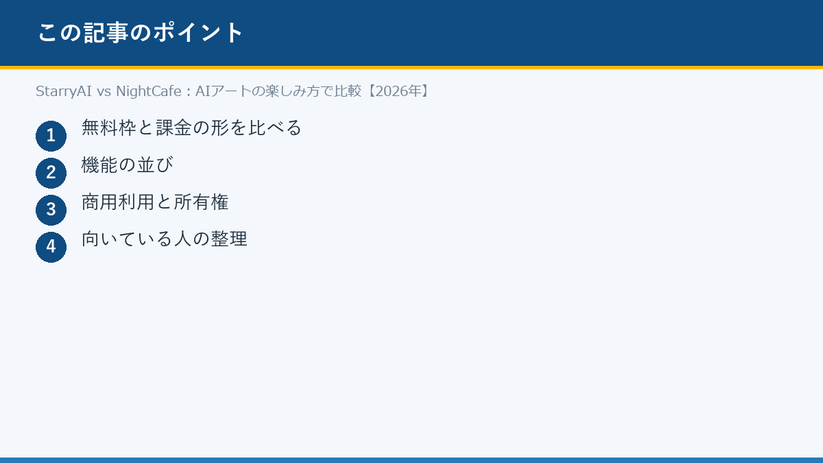 StarryAI vs NightCafe:AIアートの楽しみ方で比較【2026年】のポイント