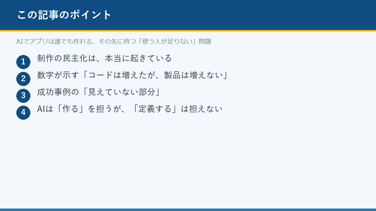AIでアプリは誰でも作れる、その先に待つ「使う人が足りない」問題のポイント