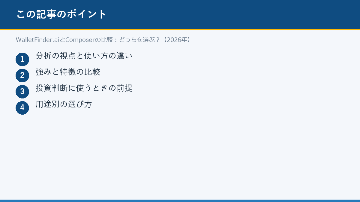 WalletFinder.aiとComposerの比較:どっちを選ぶ?【2026年】のポイント