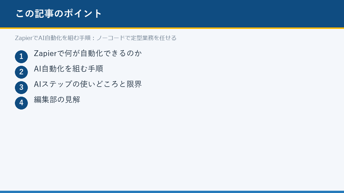 ZapierでAI自動化を組む手順：ノーコードで定型業務を任せるのポイント