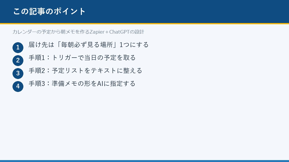 カレンダーの予定から朝メモを作るZapier＋ChatGPTの設計のポイント